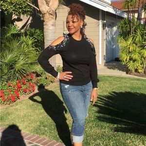 Topshop Cold Shoulder Beaded Jeweled Sweater Black Size 2